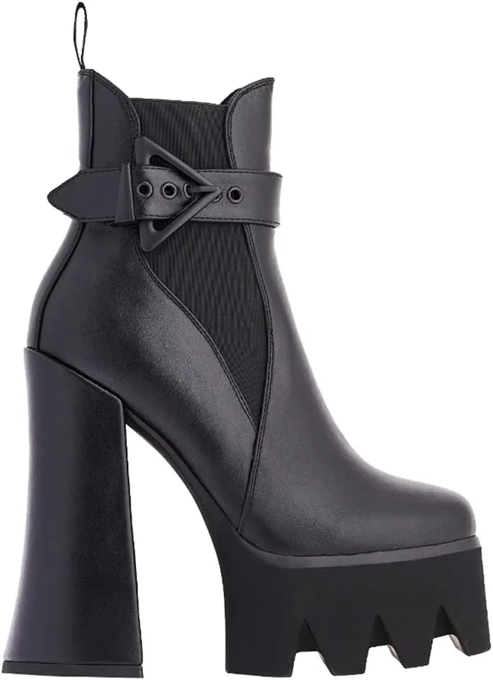 DETOGNI Women's Buckle Strap Thick Heel Square Toe Platform Booties Ladies' Elastic band High Heel Fashion Casual Ankle Boots