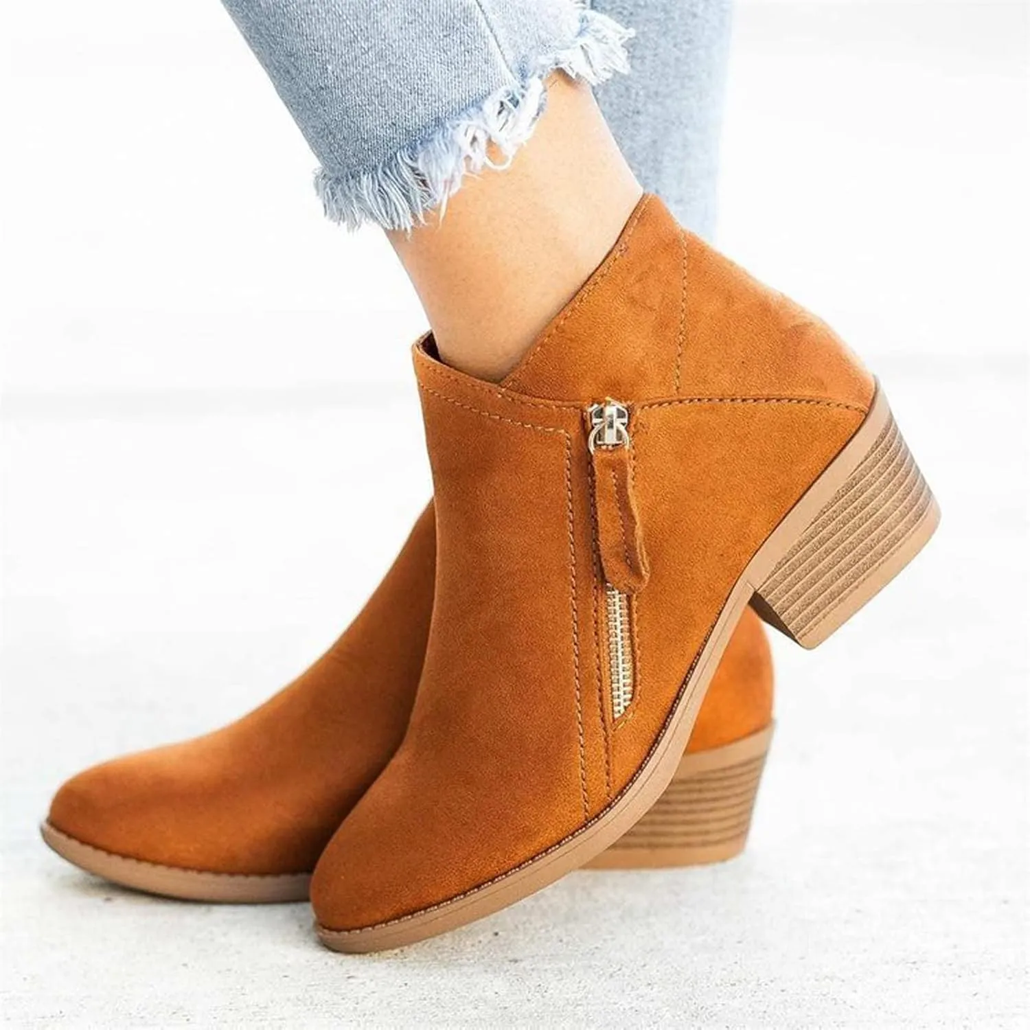 DirraBra Women's Suede Low-Heeled Chelsea Boots Fashion Pointed Toe Chunky Stacked Heel Western Cowboy Boots Autumn Winter Side Zip Dress Ankle Bootie