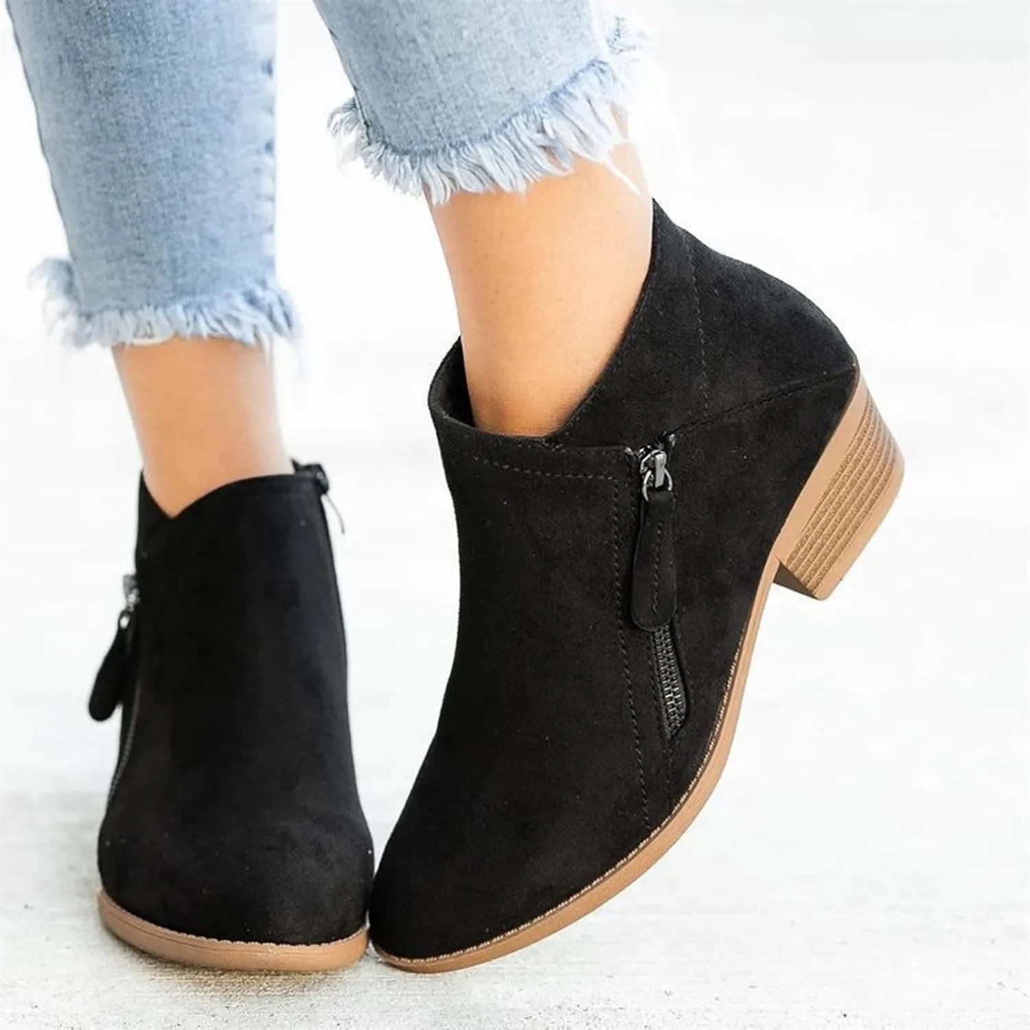DirraBra Women's Suede Low-Heeled Chelsea Boots Fashion Pointed Toe Chunky Stacked Heel Western Cowboy Boots Autumn Winter Side Zip Dress Ankle Bootie