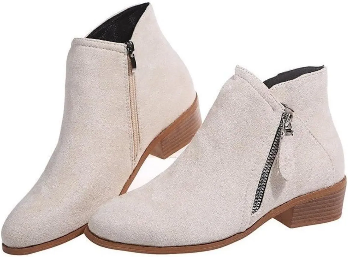 DirraBra Women's Suede Low-Heeled Chelsea Boots Fashion Pointed Toe Chunky Stacked Heel Western Cowboy Boots Autumn Winter Side Zip Dress Ankle Bootie
