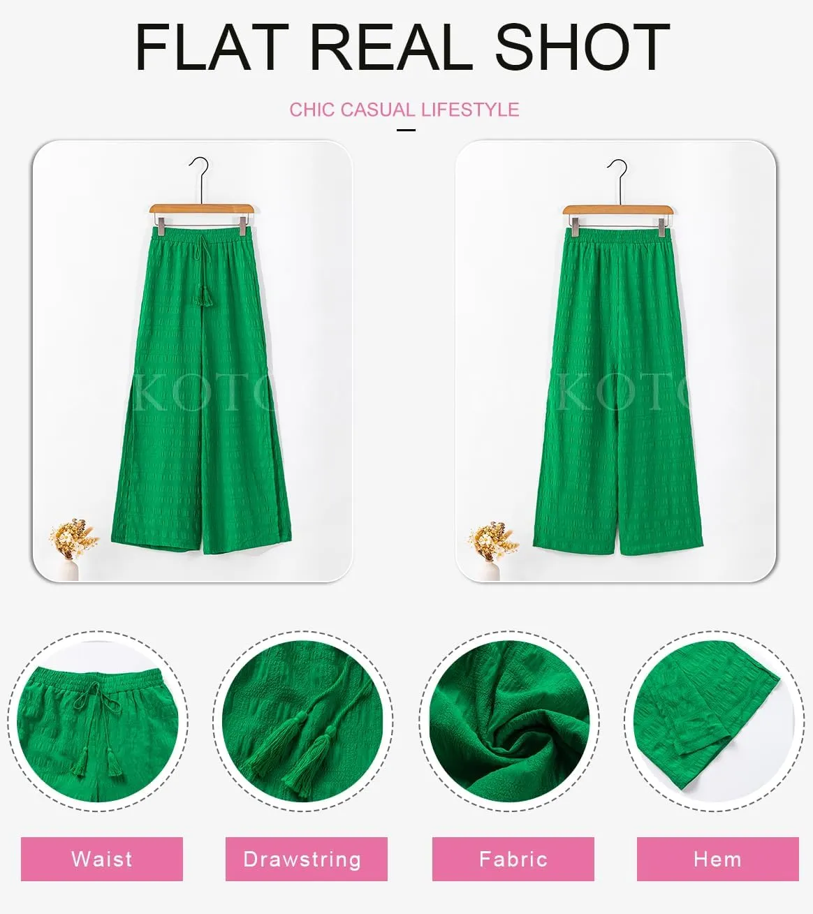 Dokotoo Casual Wide Leg Pants for Women Elastic High Waist Tie Drawstring Side Split Pants