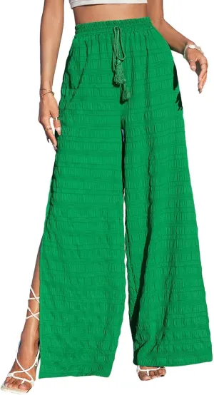 Dokotoo Casual Wide Leg Pants for Women Elastic High Waist Tie Drawstring Side Split Pants