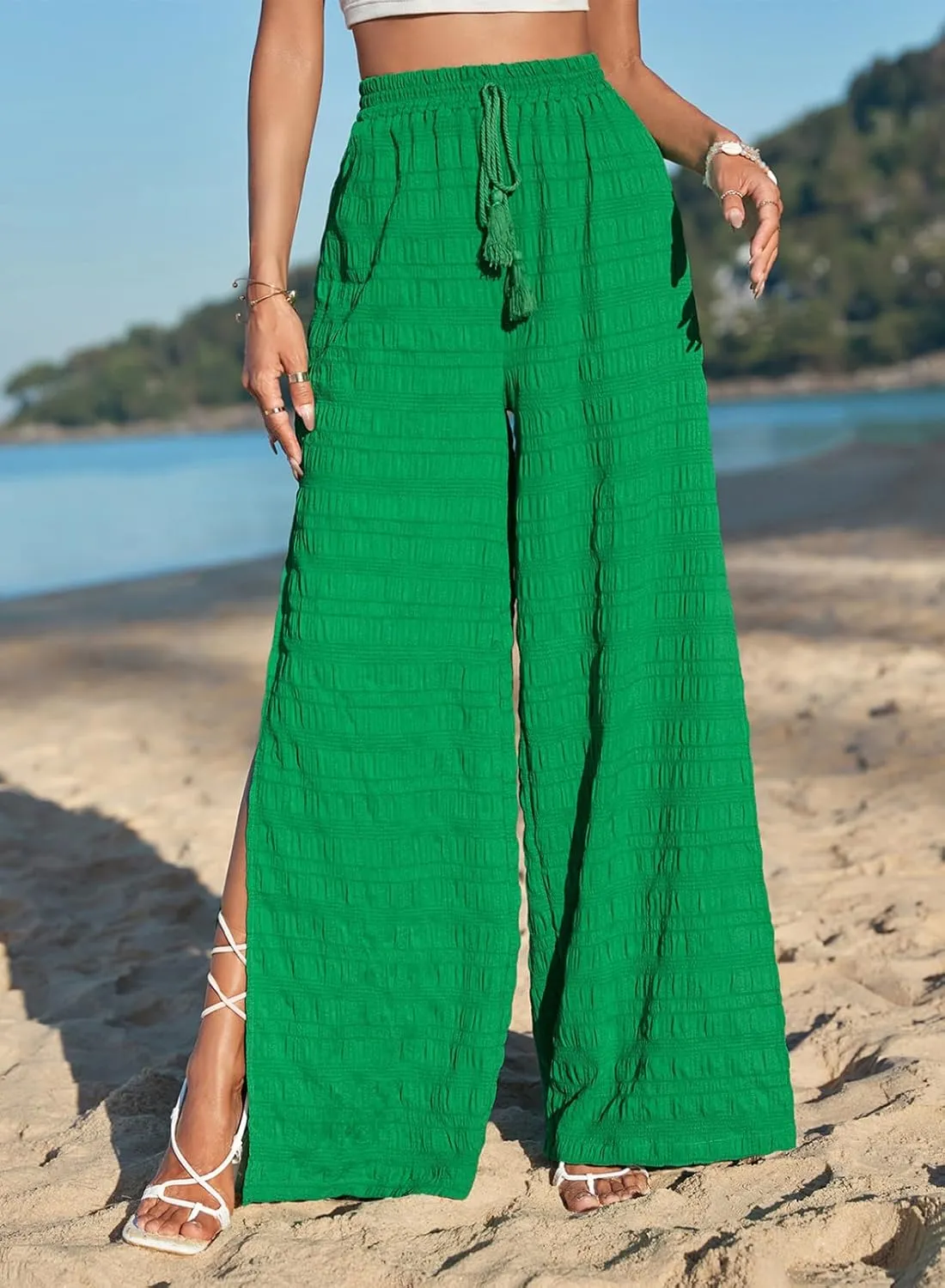 Dokotoo Casual Wide Leg Pants for Women Elastic High Waist Tie Drawstring Side Split Pants
