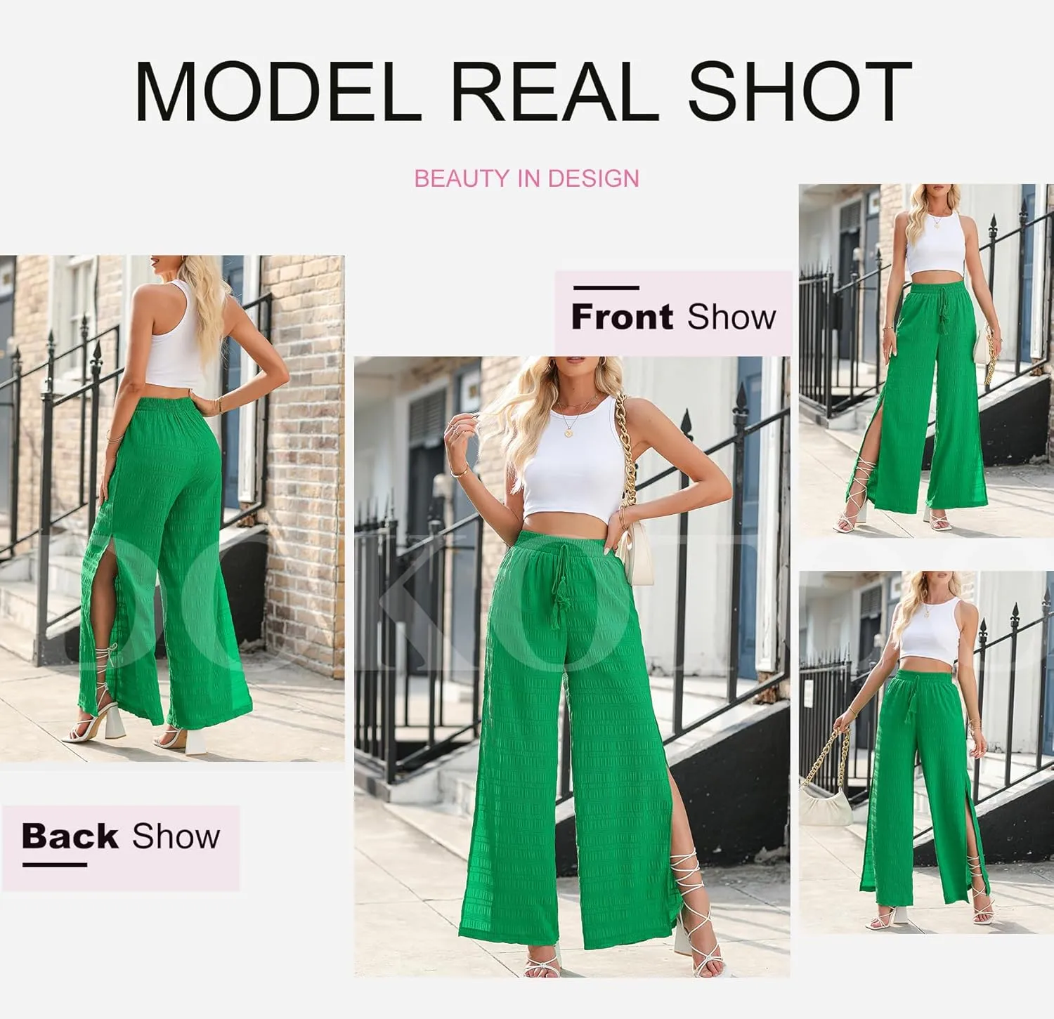 Dokotoo Casual Wide Leg Pants for Women Elastic High Waist Tie Drawstring Side Split Pants