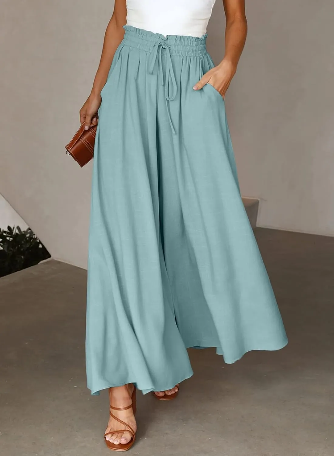 Dokotoo Pants for Women Casual Elastic Waist Wide Leg Pants with Pockets