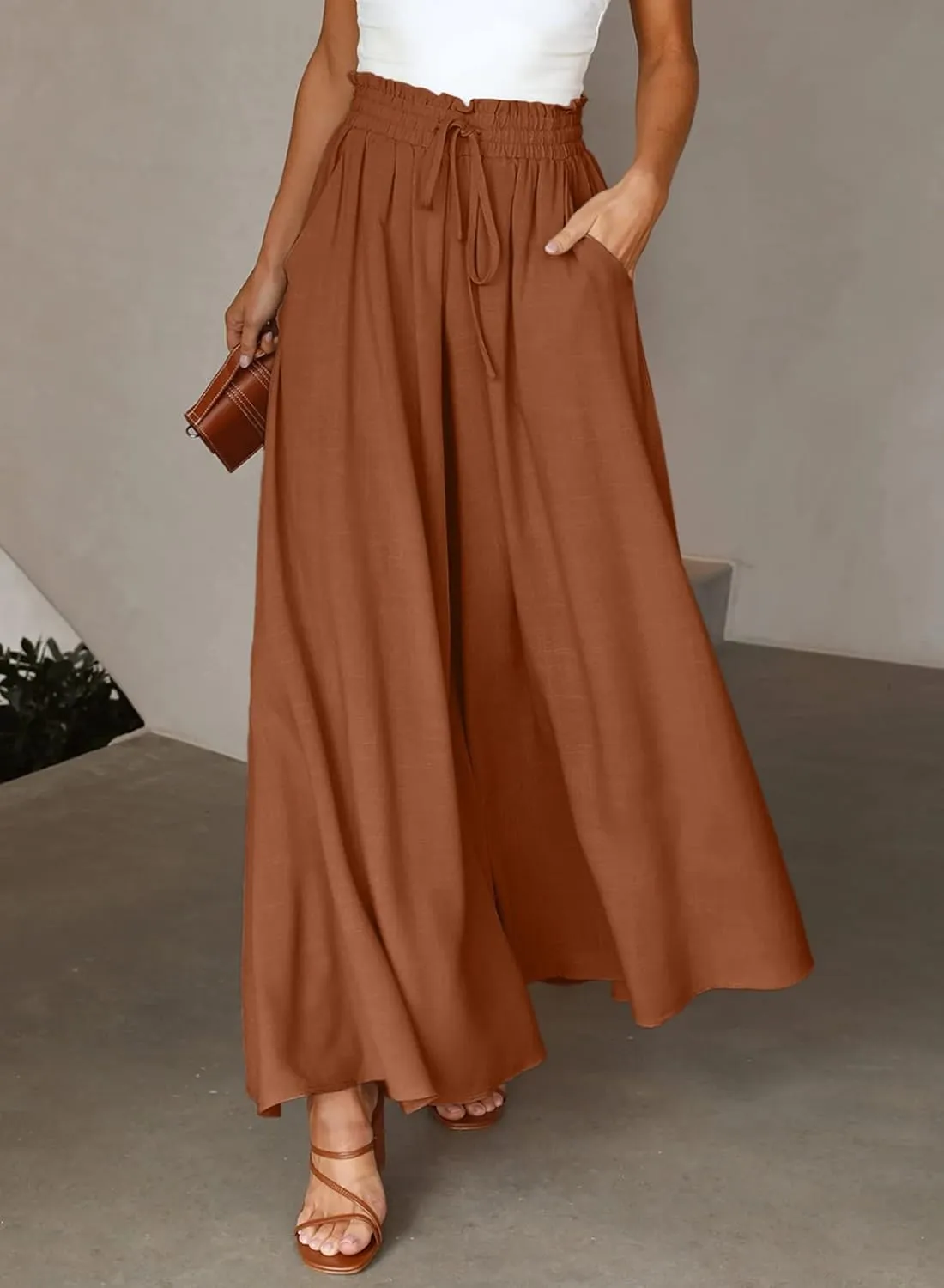 Dokotoo Pants for Women Casual Elastic Waist Wide Leg Pants with Pockets