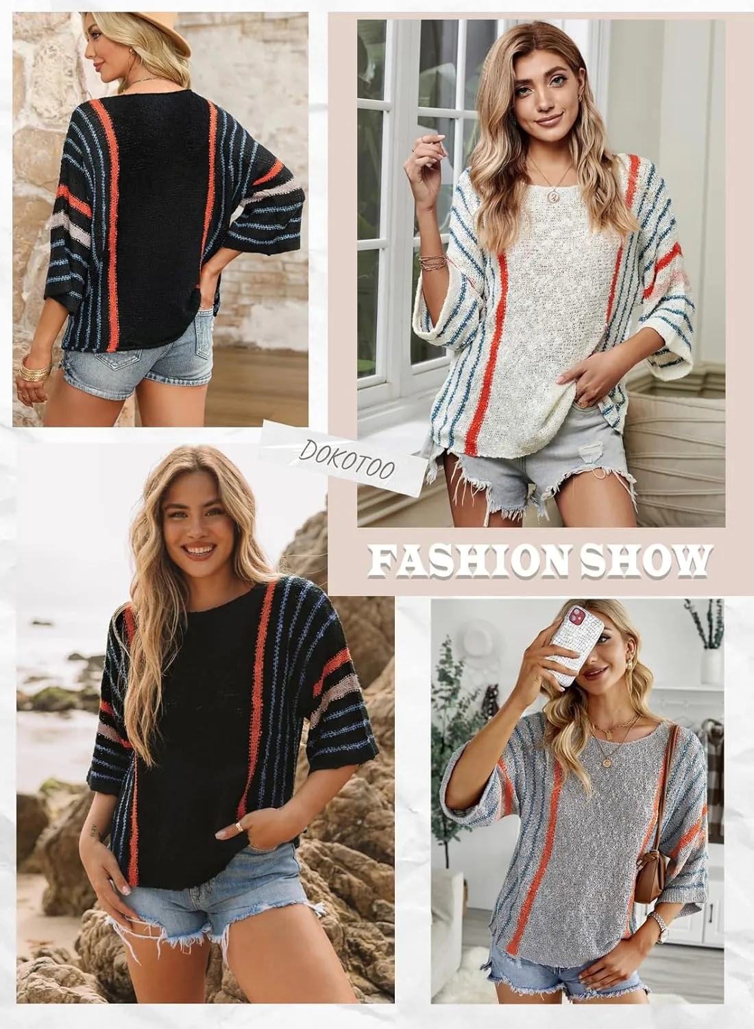 Dokotoo Womens 2025 Spring Casual Color Block Striped Lightweight Comfy Cable Knit Trendy Boho Clothes Pullover Sweaters