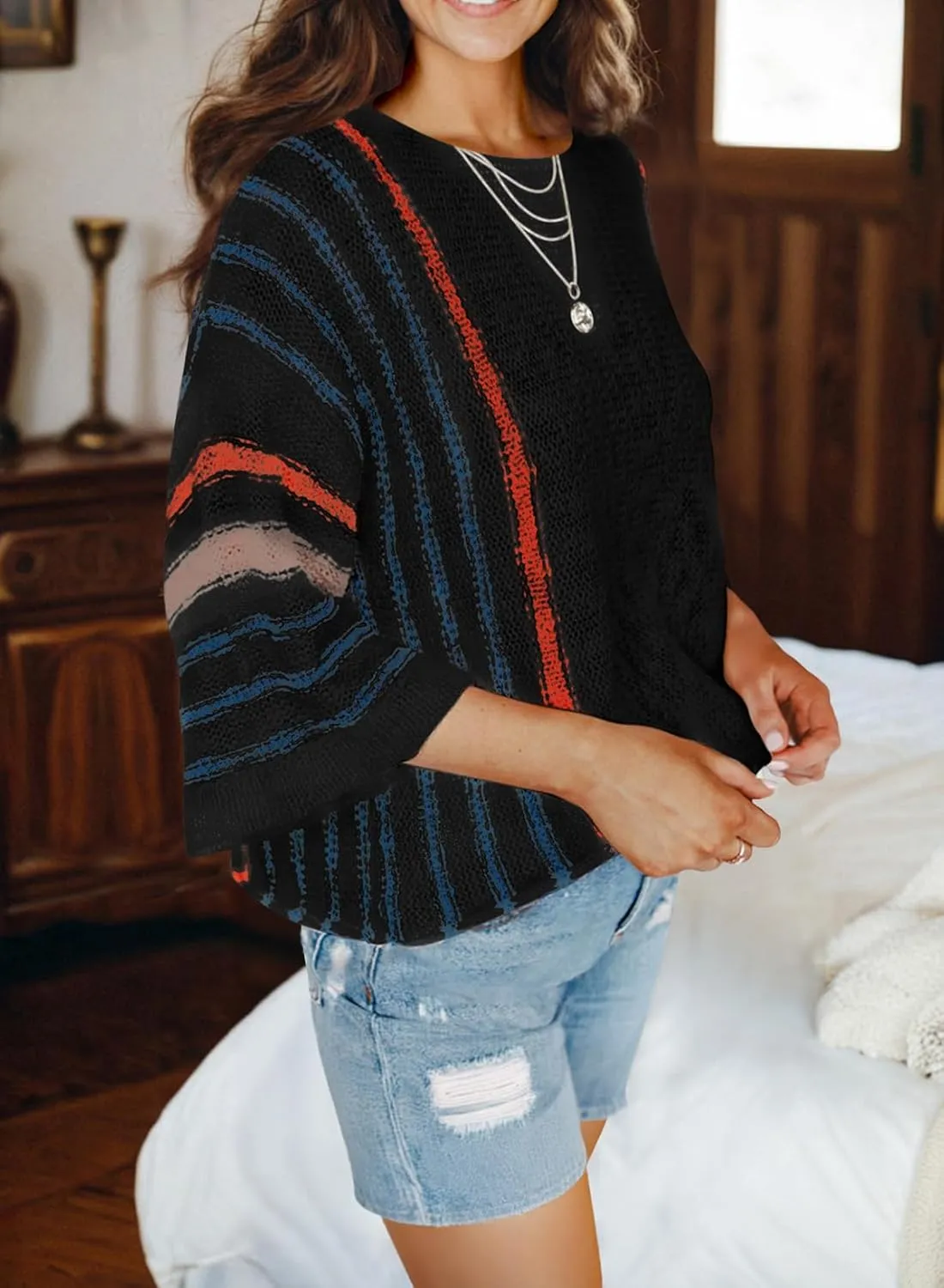 Dokotoo Womens 2025 Spring Casual Color Block Striped Lightweight Comfy Cable Knit Trendy Boho Clothes Pullover Sweaters