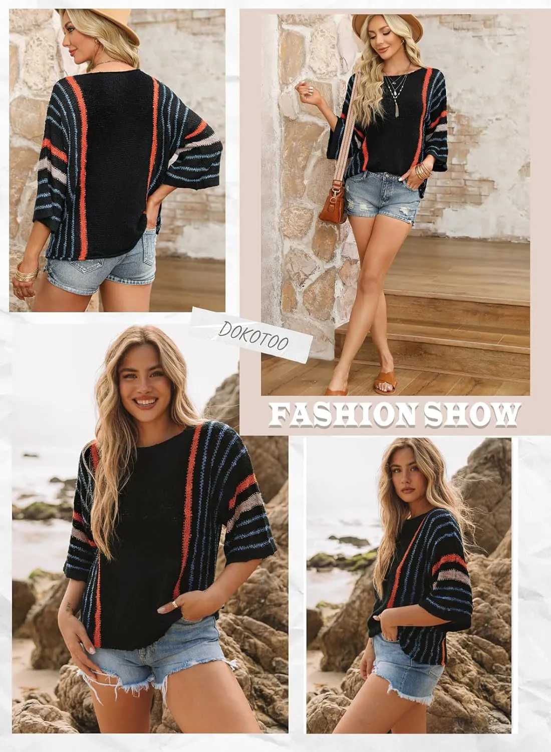 Dokotoo Womens 2025 Spring Casual Color Block Striped Lightweight Comfy Cable Knit Trendy Boho Clothes Pullover Sweaters