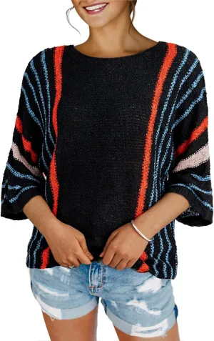 Dokotoo Womens 2025 Spring Casual Color Block Striped Lightweight Comfy Cable Knit Trendy Boho Clothes Pullover Sweaters