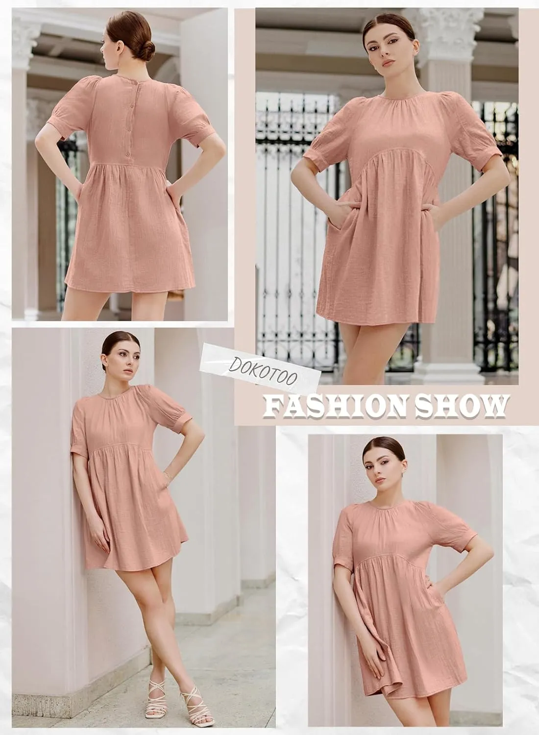 Dokotoo Womens 2025 Spring Summer Crewneck Puff Sleeve Babydoll Elegant Empire Waist Mini Swing Skater Dresses with Pockets