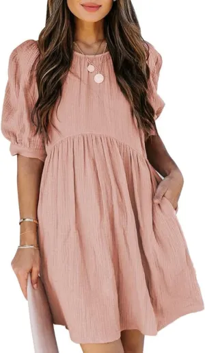 Dokotoo Womens 2025 Spring Summer Crewneck Puff Sleeve Babydoll Elegant Empire Waist Mini Swing Skater Dresses with Pockets