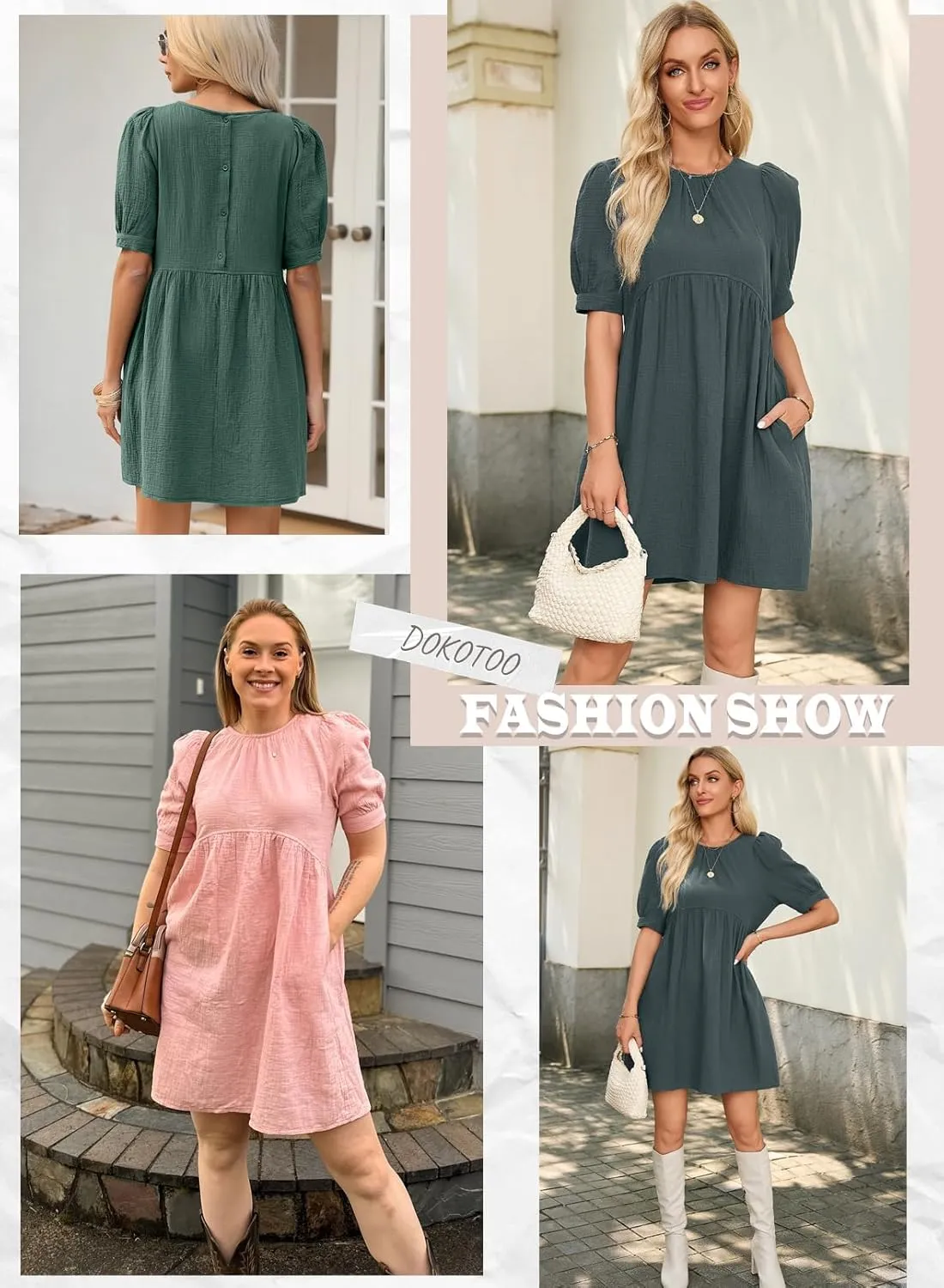 Dokotoo Womens 2025 Spring Summer Crewneck Puff Sleeve Babydoll Elegant Empire Waist Mini Swing Skater Dresses with Pockets