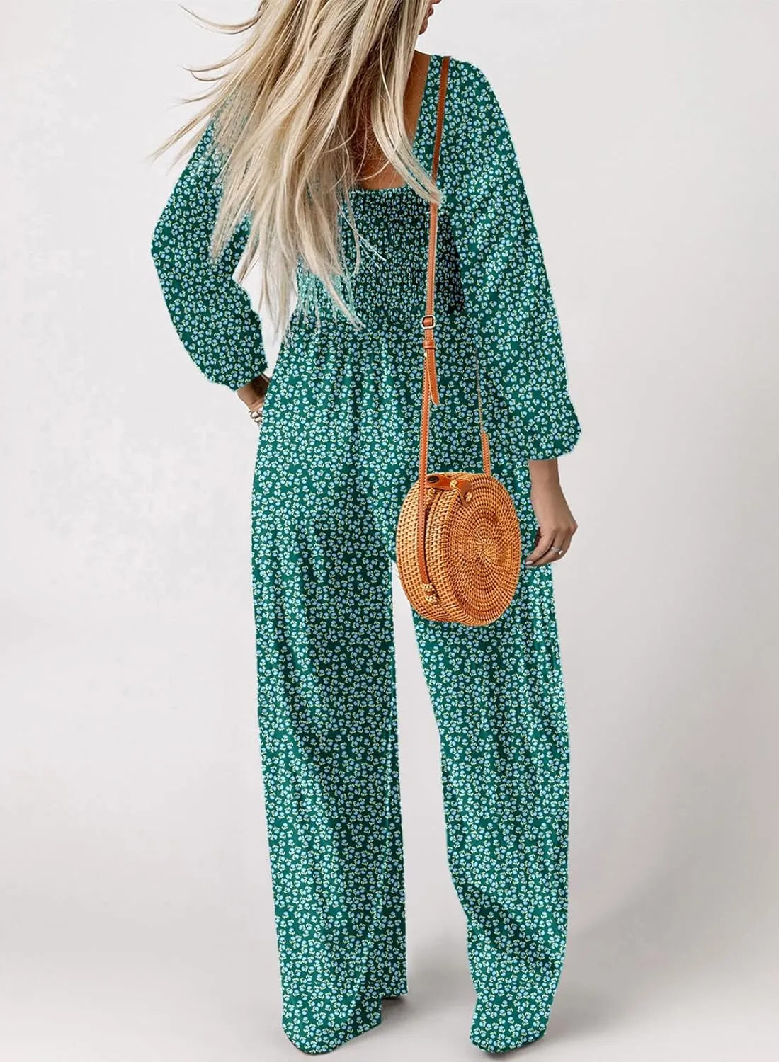 Dokotoo Women's Casual Loose Overalls Jumpsuits One Piece Long Sleeve Printed Wide Leg Long Pant Rompers With Pockets
