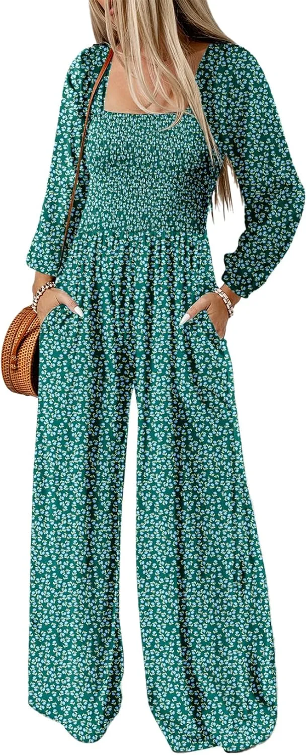Dokotoo Women's Casual Loose Overalls Jumpsuits One Piece Long Sleeve Printed Wide Leg Long Pant Rompers With Pockets