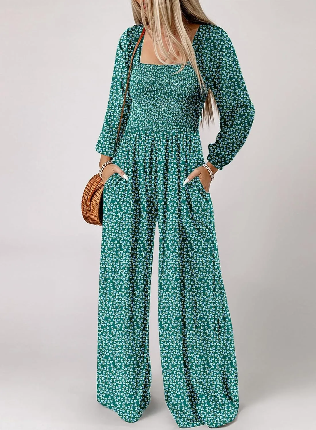 Dokotoo Women's Casual Loose Overalls Jumpsuits One Piece Long Sleeve Printed Wide Leg Long Pant Rompers With Pockets