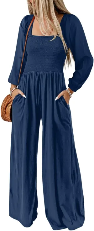 Dokotoo Women's Casual Loose Overalls Jumpsuits One Piece Long Sleeve Wide Leg Long Pant Rompers With Pockets