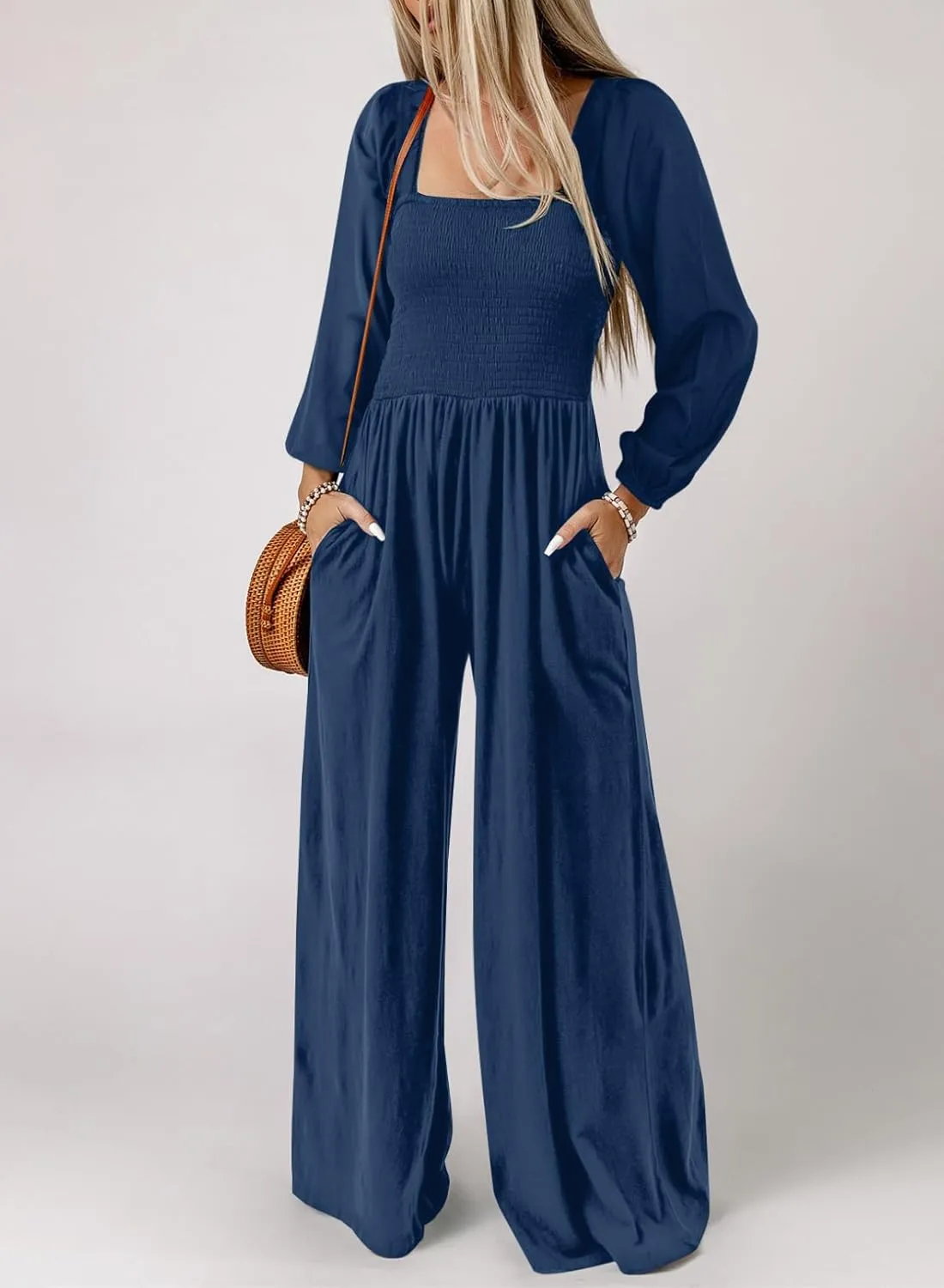 Dokotoo Women's Casual Loose Overalls Jumpsuits One Piece Long Sleeve Wide Leg Long Pant Rompers With Pockets