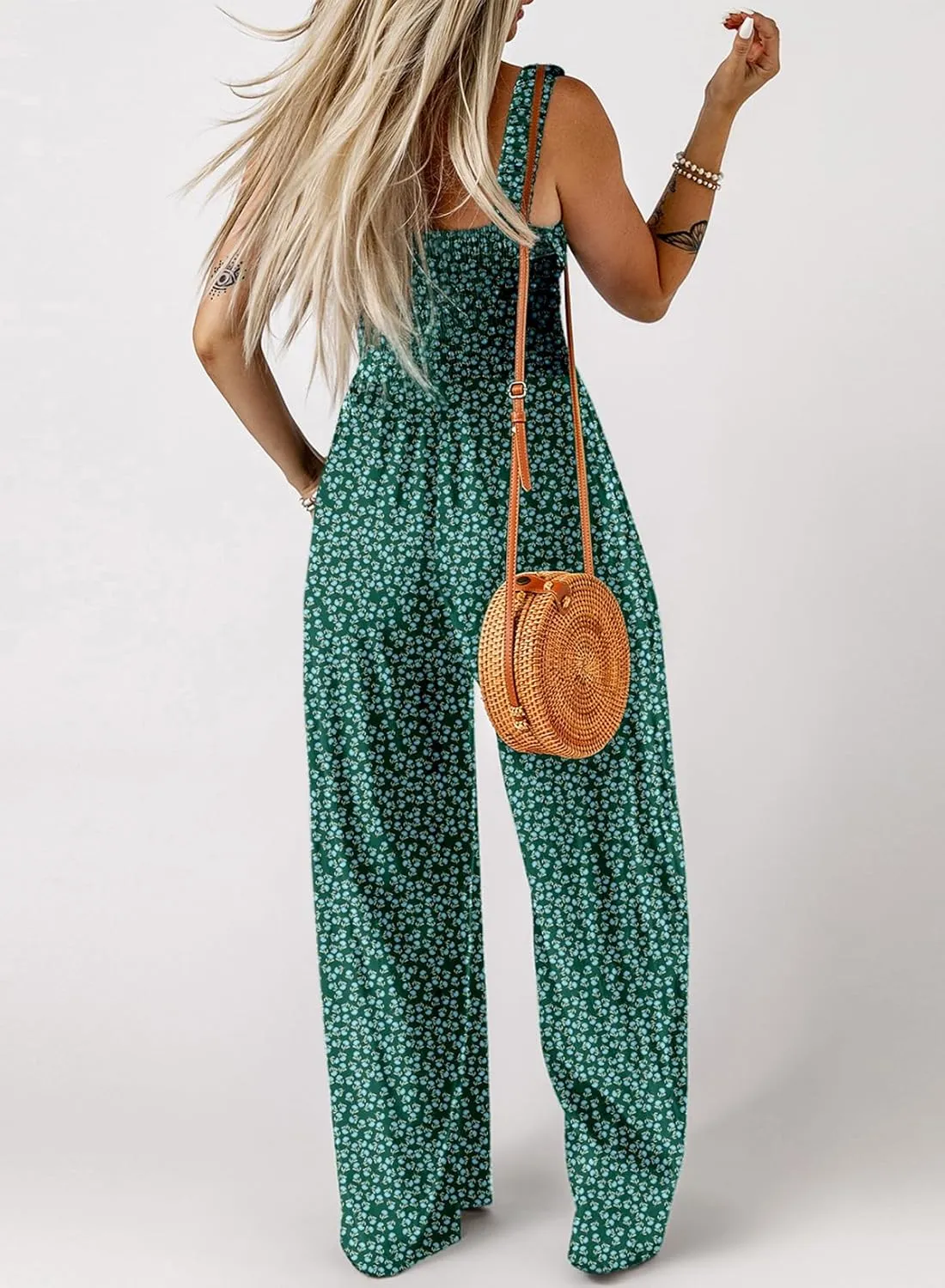 Dokotoo Women's Casual Loose Overalls Jumpsuits One Piece Sleeveless Printed Wide Leg Long Pant Rompers With Pockets