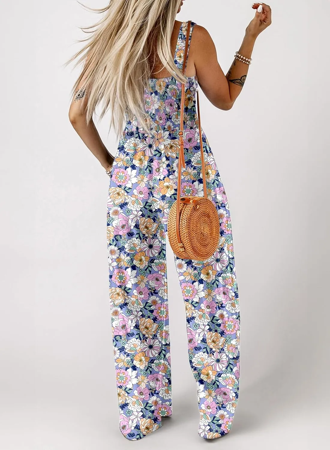 Dokotoo Women's Casual Loose Overalls Jumpsuits One Piece Sleeveless Printed Wide Leg Long Pant Rompers With Pockets