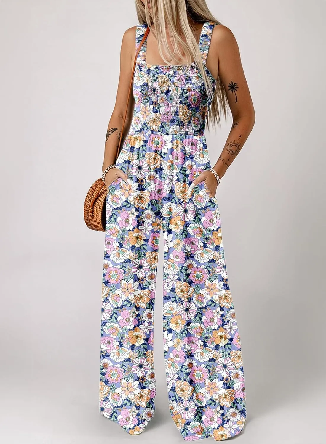 Dokotoo Women's Casual Loose Overalls Jumpsuits One Piece Sleeveless Printed Wide Leg Long Pant Rompers With Pockets