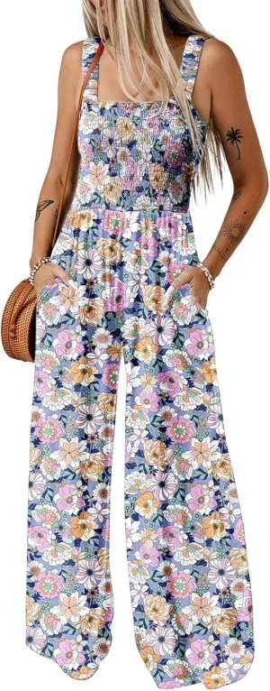 Dokotoo Women's Casual Loose Overalls Jumpsuits One Piece Sleeveless Printed Wide Leg Long Pant Rompers With Pockets