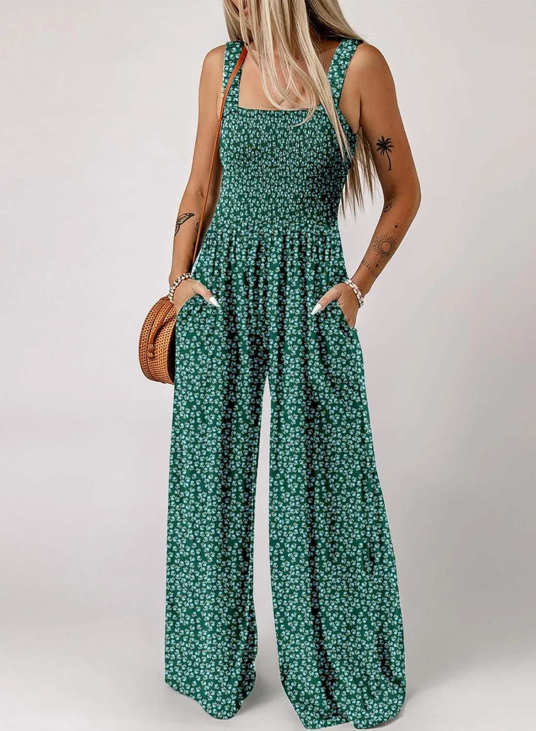 Dokotoo Women's Casual Loose Overalls Jumpsuits One Piece Sleeveless Printed Wide Leg Long Pant Rompers With Pockets