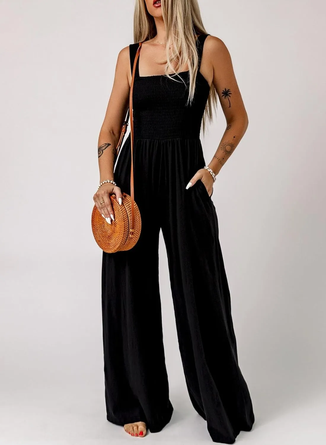 Dokotoo Women's Casual Loose Overalls Jumpsuits One Piece Sleeveless Wide Leg Long Pant Rompers With Pockets