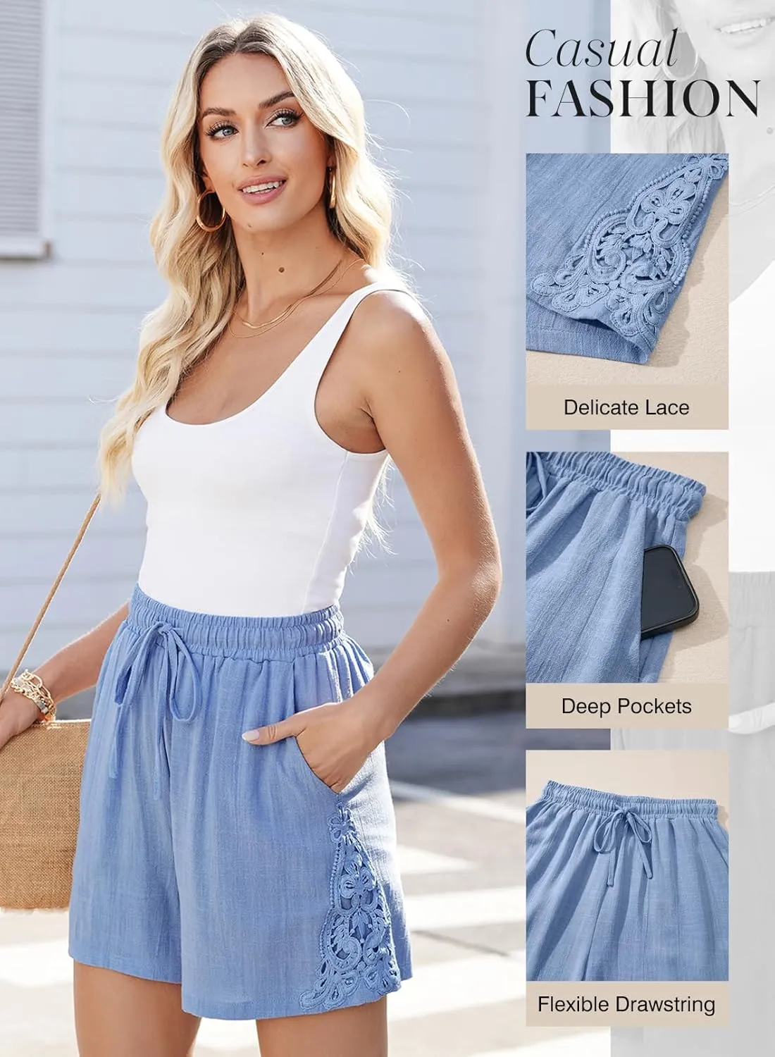 Dokotoo Women's Shorts Casual Flowy High Waisted Comfy Summer Elastic Drawstring Boho Dressy Pockets