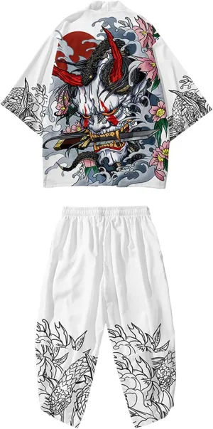 DOSLAVIDA Men's Japanese Kimono Jacket Set Stylish Open Front Coat With Shorts Chinese Style Printed Cardigan Suits