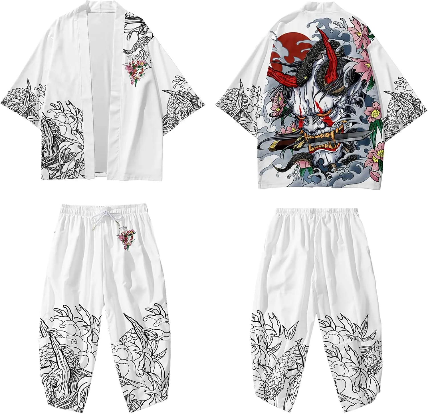 DOSLAVIDA Men's Japanese Kimono Jacket Set Stylish Open Front Coat With Shorts Chinese Style Printed Cardigan Suits