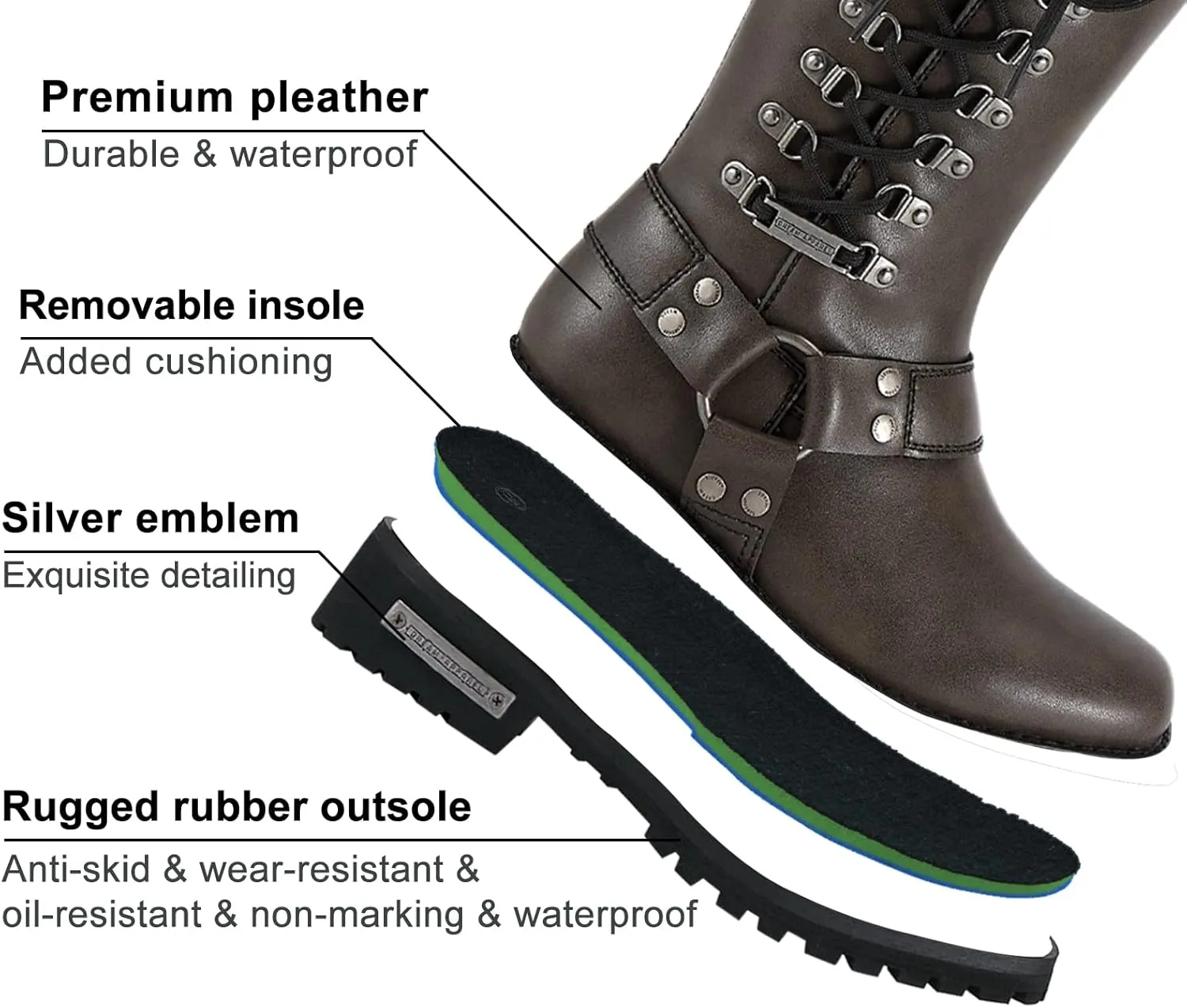 Dream Apparel Women's Harness Motorcycle Riding Boots Square Toe Biker Boots, Lace Up Knee High Boots with Side Zipper, Black PU Leather Boots Ladies