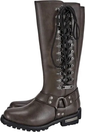 Dream Apparel Women's Harness Motorcycle Riding Boots Square Toe Biker Boots, Lace Up Knee High Boots with Side Zipper, Black PU Leather Boots Ladies