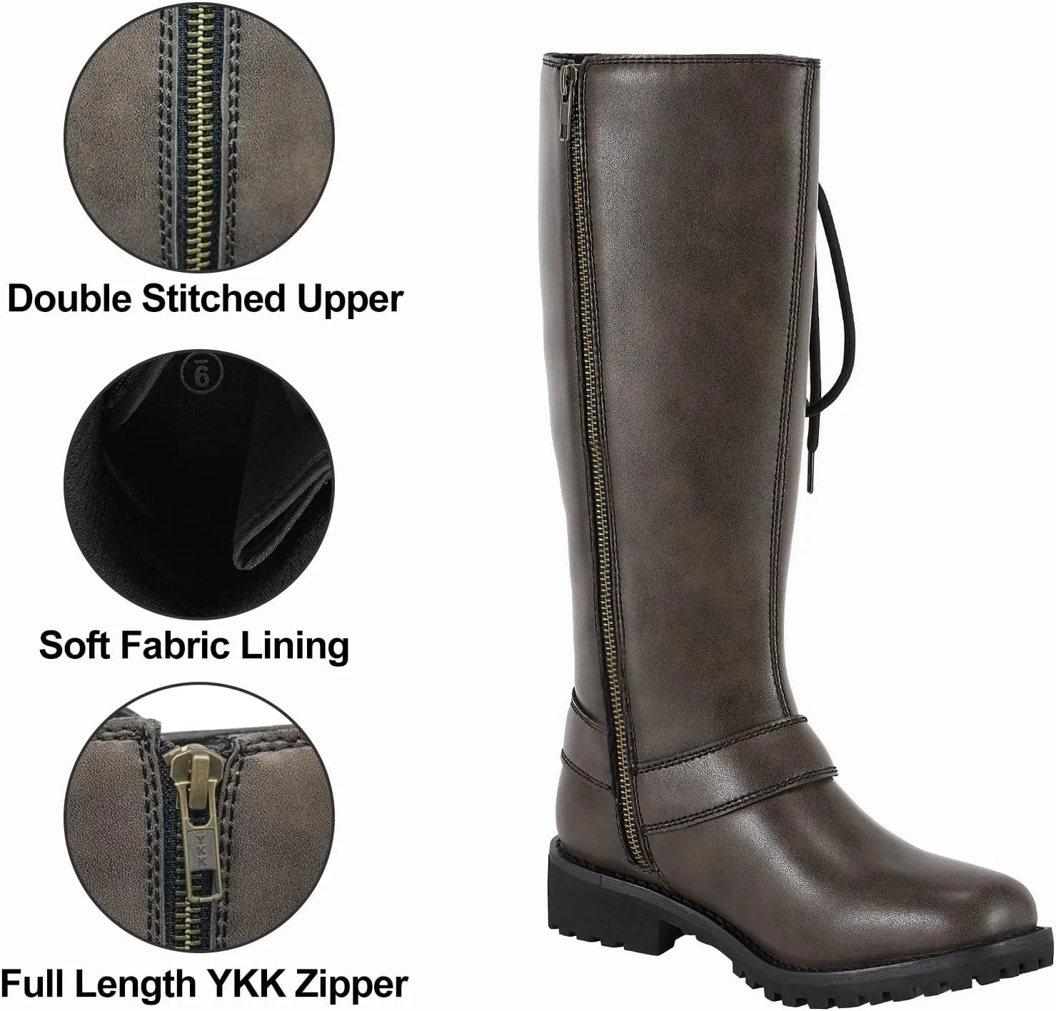 Dream Apparel Women's Harness Motorcycle Riding Boots Square Toe Biker Boots, Lace Up Knee High Boots with Side Zipper, Black PU Leather Boots Ladies
