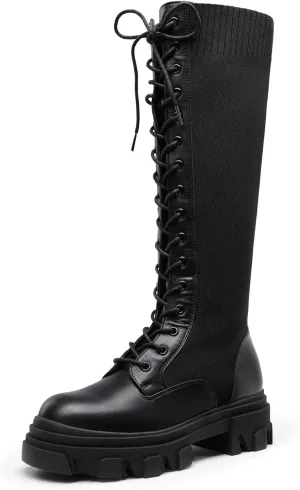 DREAM PAIRS Knee High Boots Women, Fashion Combat Boots Chunky Platform Lace Up Lug Sole Boots For Women