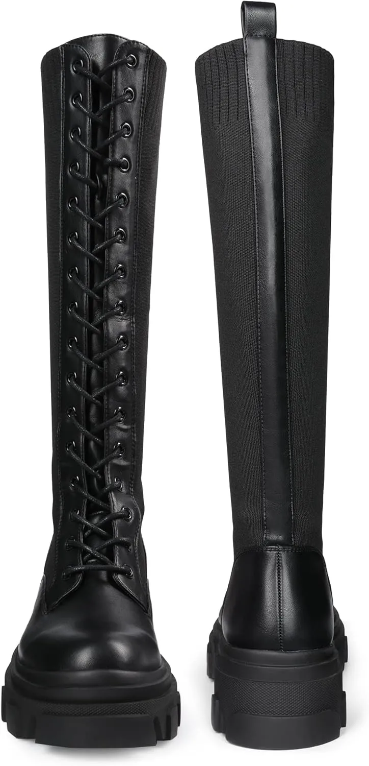 DREAM PAIRS Knee High Boots Women, Fashion Combat Boots Chunky Platform Lace Up Lug Sole Boots For Women