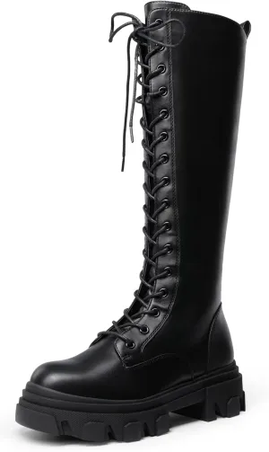 DREAM PAIRS Knee High Boots Women, Fashion Combat Boots Chunky Platform Lace Up Lug Sole Boots For Women
