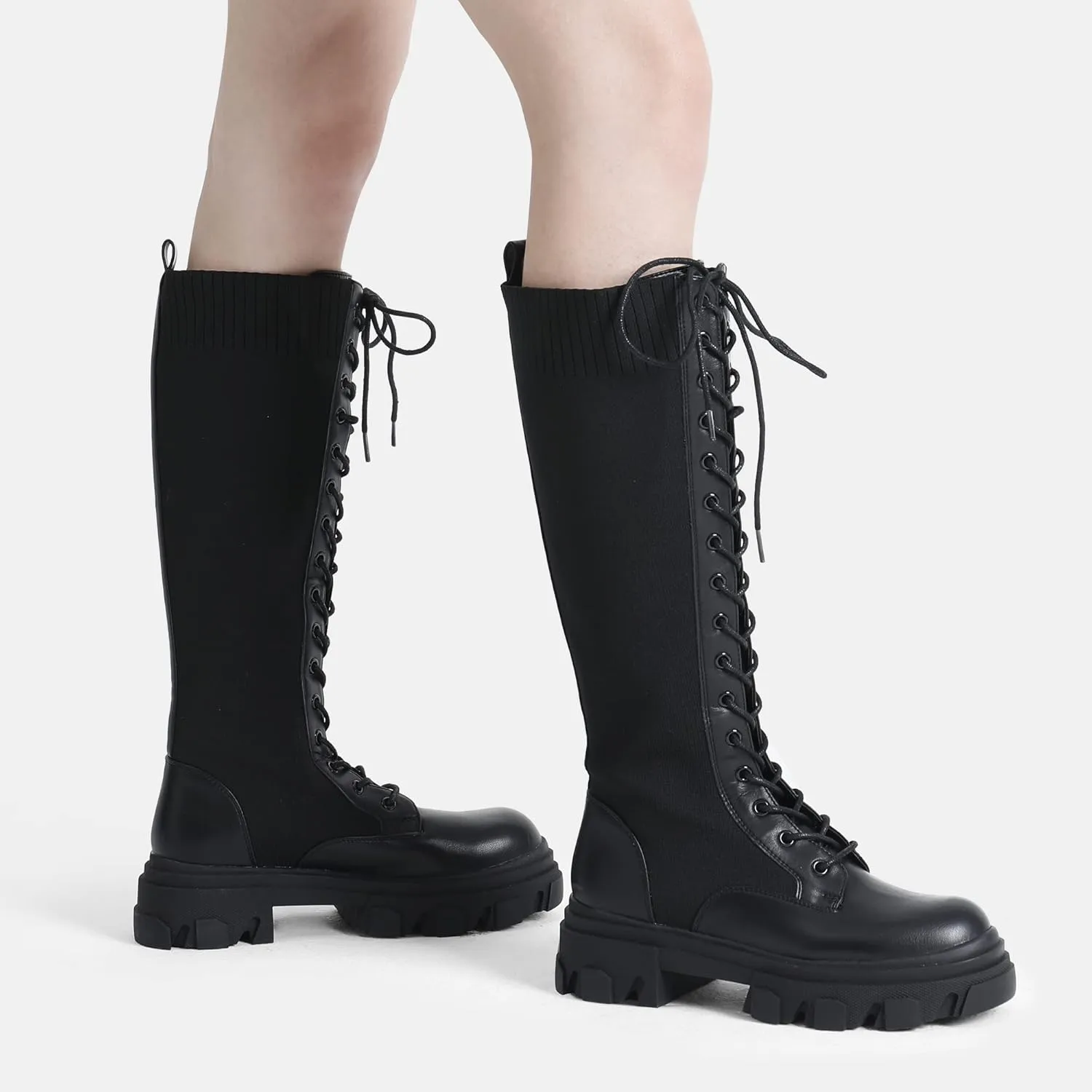 DREAM PAIRS Knee High Boots Women, Fashion Combat Boots Chunky Platform Lace Up Lug Sole Boots For Women