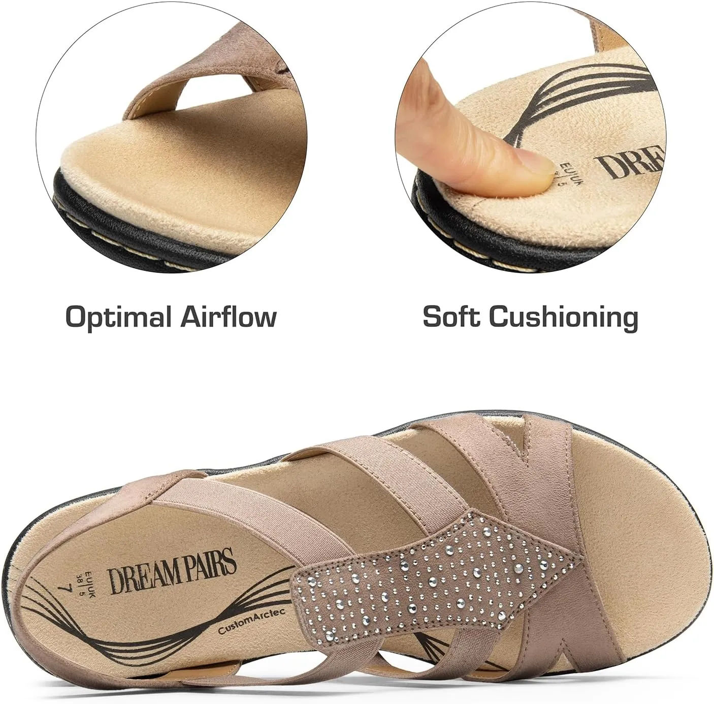 DREAM PAIRS Women's Comfortable Arch Support Dressy Flat Sandals Elastic Open Toe Walking Shoes for Summer