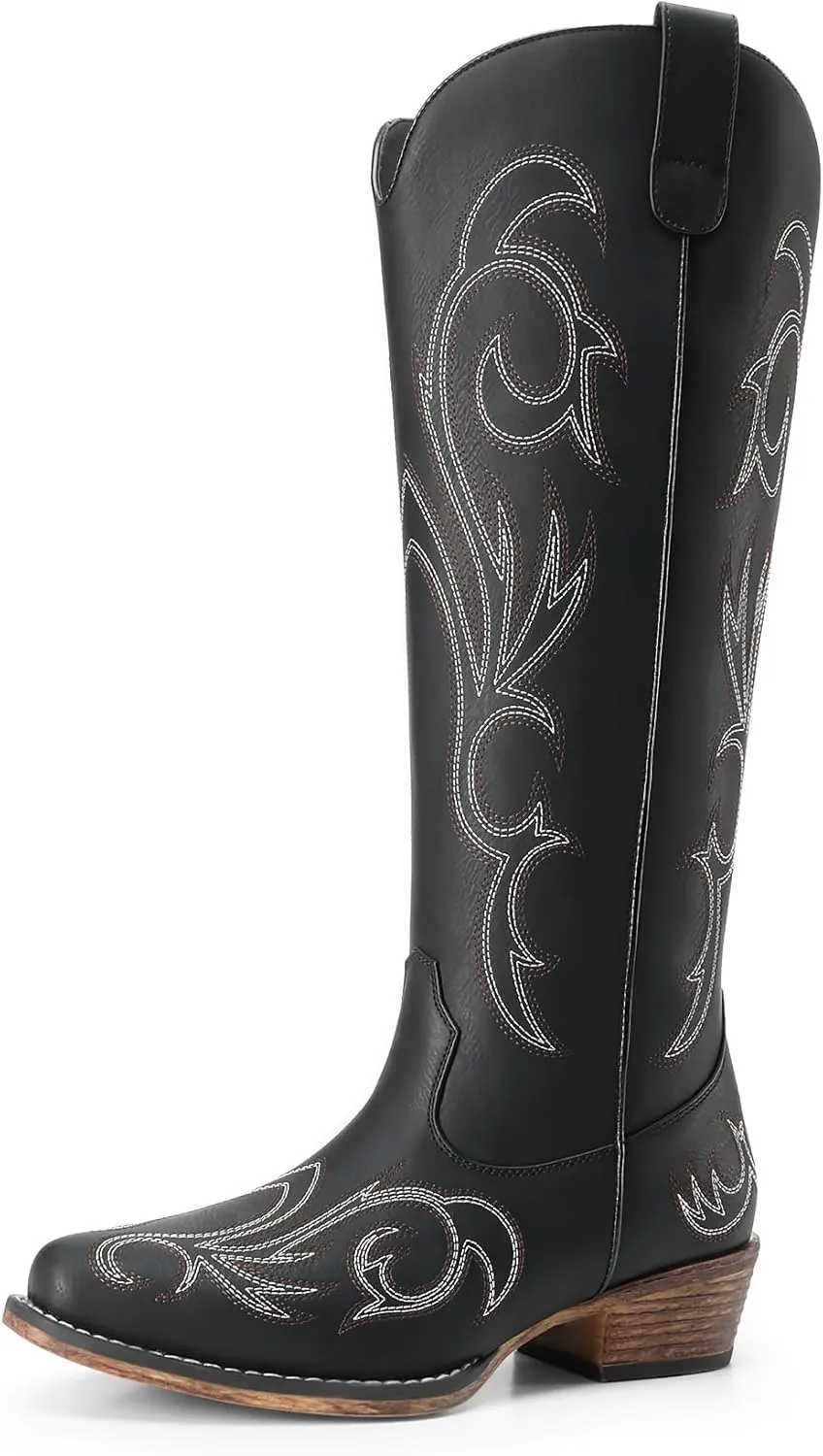 DREAM PAIRS Womens Cowboy Boots Comfortable Cowgirl Knee High Boots Pull On Side Zipper Chunky Heel Embroidered Western Boots