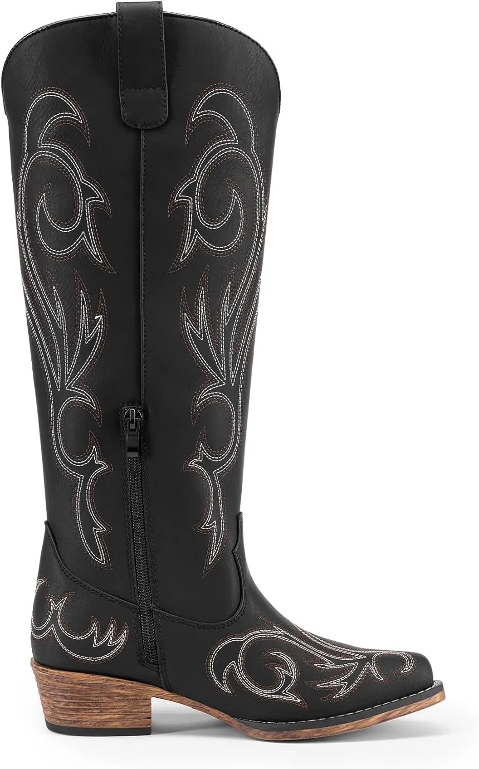 DREAM PAIRS Womens Cowboy Boots Comfortable Cowgirl Knee High Boots Pull On Side Zipper Chunky Heel Embroidered Western Boots