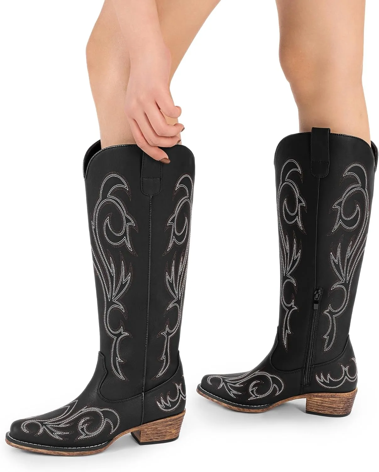 DREAM PAIRS Womens Cowboy Boots Comfortable Cowgirl Knee High Boots Pull On Side Zipper Chunky Heel Embroidered Western Boots