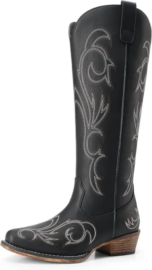 DREAM PAIRS Womens Cowboy Boots Comfortable Cowgirl Knee High Boots Pull On Side Zipper Chunky Heel Embroidered Western Boots