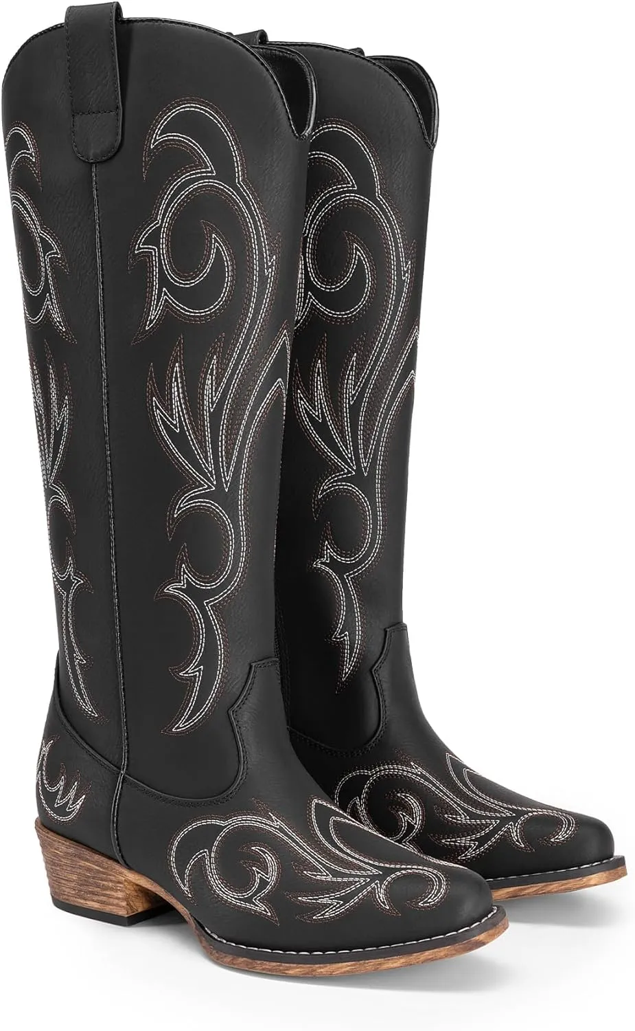 DREAM PAIRS Womens Cowboy Boots Comfortable Cowgirl Knee High Boots Pull On Side Zipper Chunky Heel Embroidered Western Boots