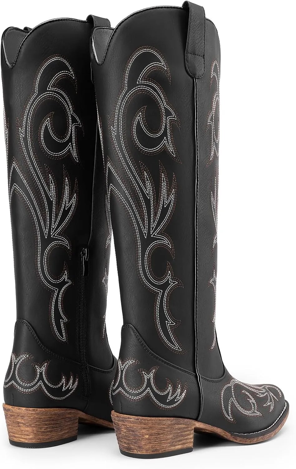 DREAM PAIRS Womens Cowboy Boots Comfortable Cowgirl Knee High Boots Pull On Side Zipper Chunky Heel Embroidered Western Boots