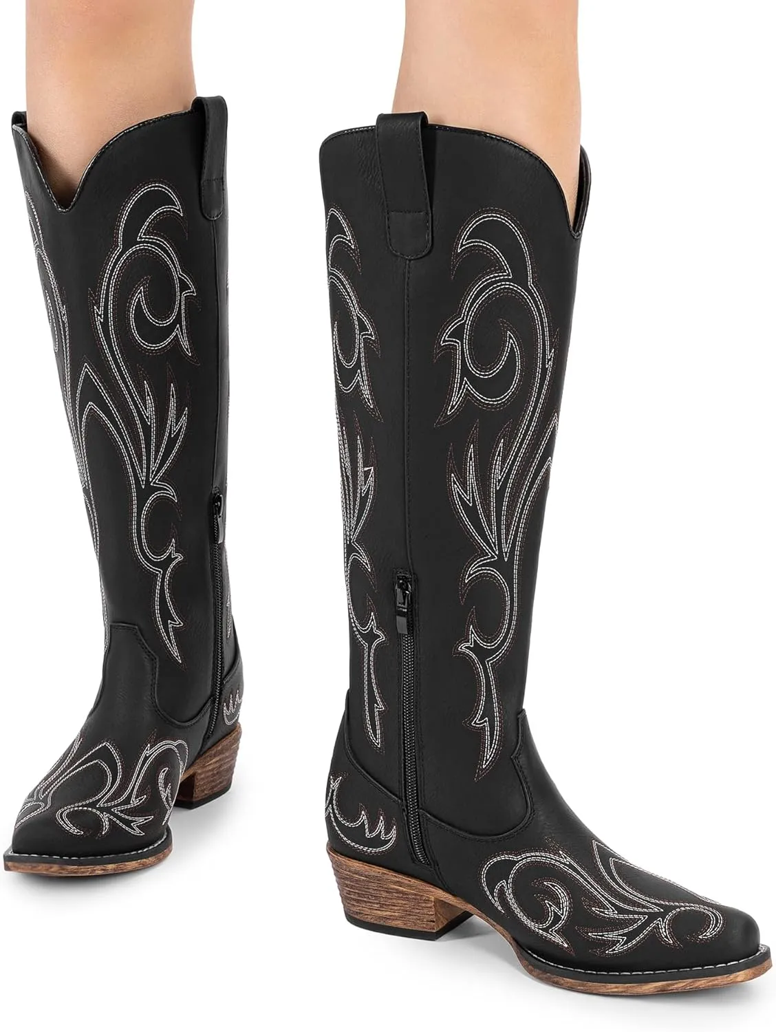 DREAM PAIRS Womens Cowboy Boots Comfortable Cowgirl Knee High Boots Pull On Side Zipper Chunky Heel Embroidered Western Boots