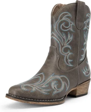 DREAM PAIRS Women's Cowboy Cowgirl Western Boots Embroidered Stitched Ankle Boots Square Toe Chunky Heel Fashion Short Booties with Zipper