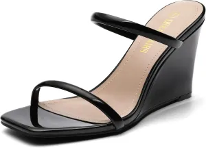DREAM PAIRS Women's Slides Wedge Sandals Two Strap Square Open Toe Dress Shoes