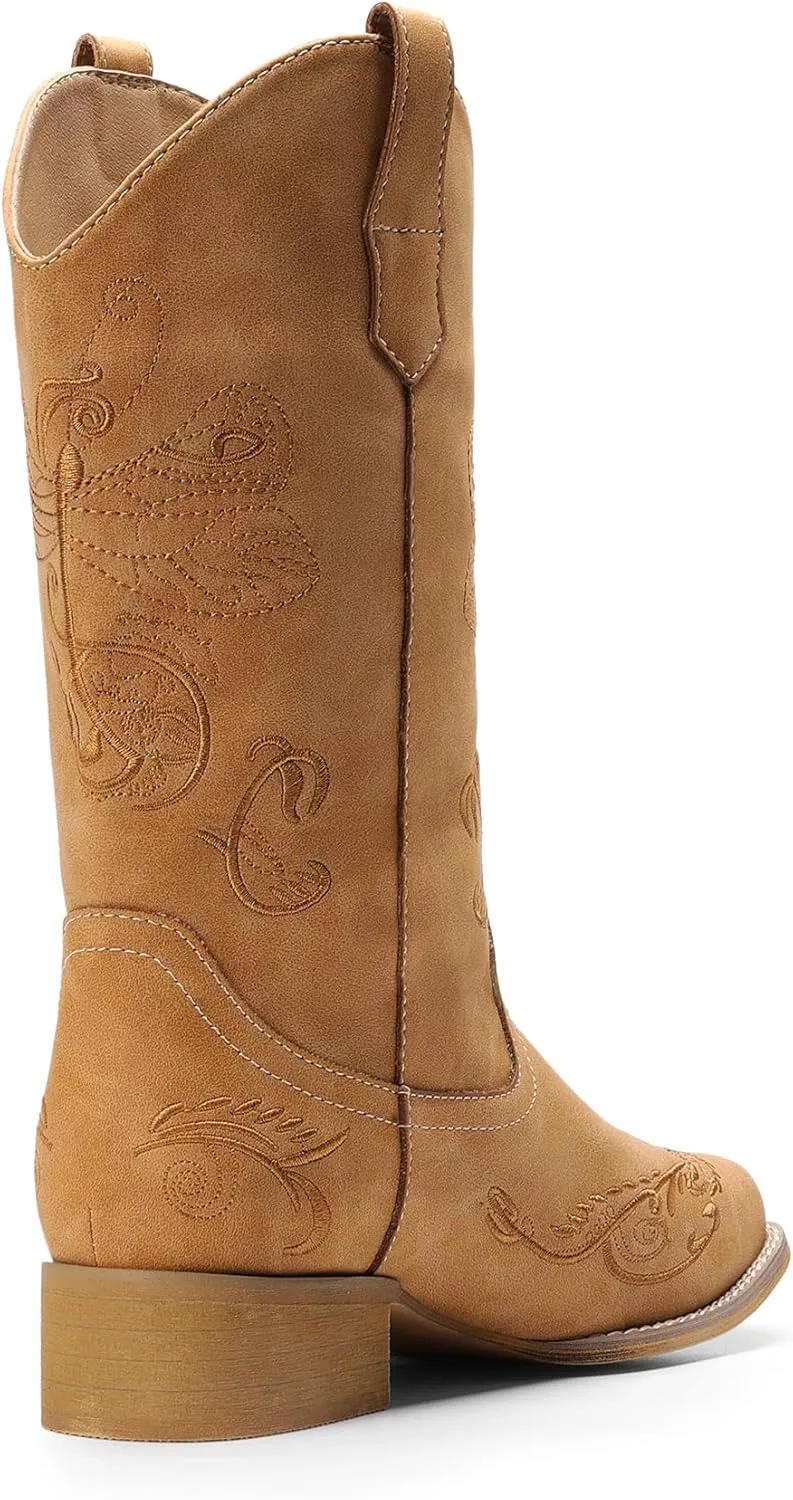 DREAM PAIRS Women's Square Toe Cowboy Cowgirl Boots Pull On Low Chunky Heel Mid Calf Western Boots with Embroidered Stitched for Theme Party Country Concert