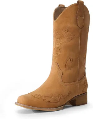DREAM PAIRS Women's Square Toe Cowboy Cowgirl Boots Pull On Low Chunky Heel Mid Calf Western Boots with Embroidered Stitched for Theme Party Country Concert